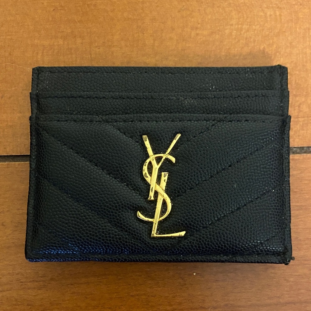 YSL Saint Laurent Black Leather Card Holder with Gold Logo